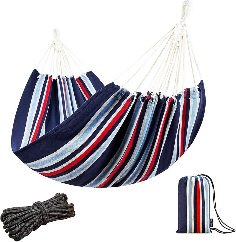 JoyView Brazilian Double Hammock with Hanging Ropes Extra Large 86.6x59” Portable Cotton Hammock for Patio Backyard Porch 450LBS Weight Capacity Perfect for Outdoor/Indoor - Black/Red Stripe - Image 1